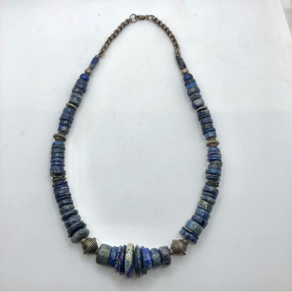 Vtg Blue Sodalite Donut Sliced Bead Necklace Sterling Clasp 20” / 93g HEAVY